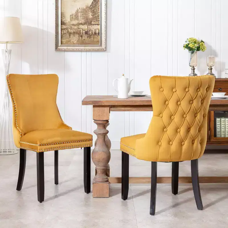 Okak Retro Dining Chairs Set of 2, Comfy Upholstered Wing-Back Chairs with Backstitching Nailhead Trim, Kitchen Chairs with Solid Wood Legs