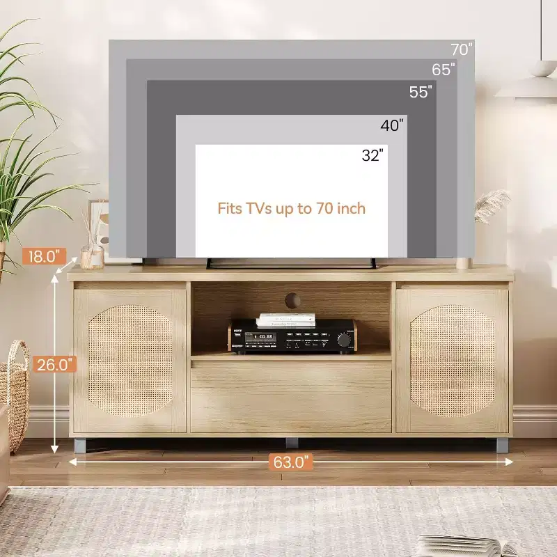 63 Rattan & Oak TV Stand for 70 TVs  Modern Entertainment Center with Storage Drawer & Open Shelves, Media Console for Living Room or Bedroom