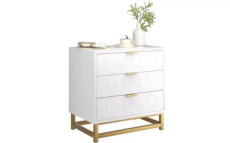 White 3-Drawer Wooden Organizer with Gold Metal Handles - Stylish Chest of Drawers