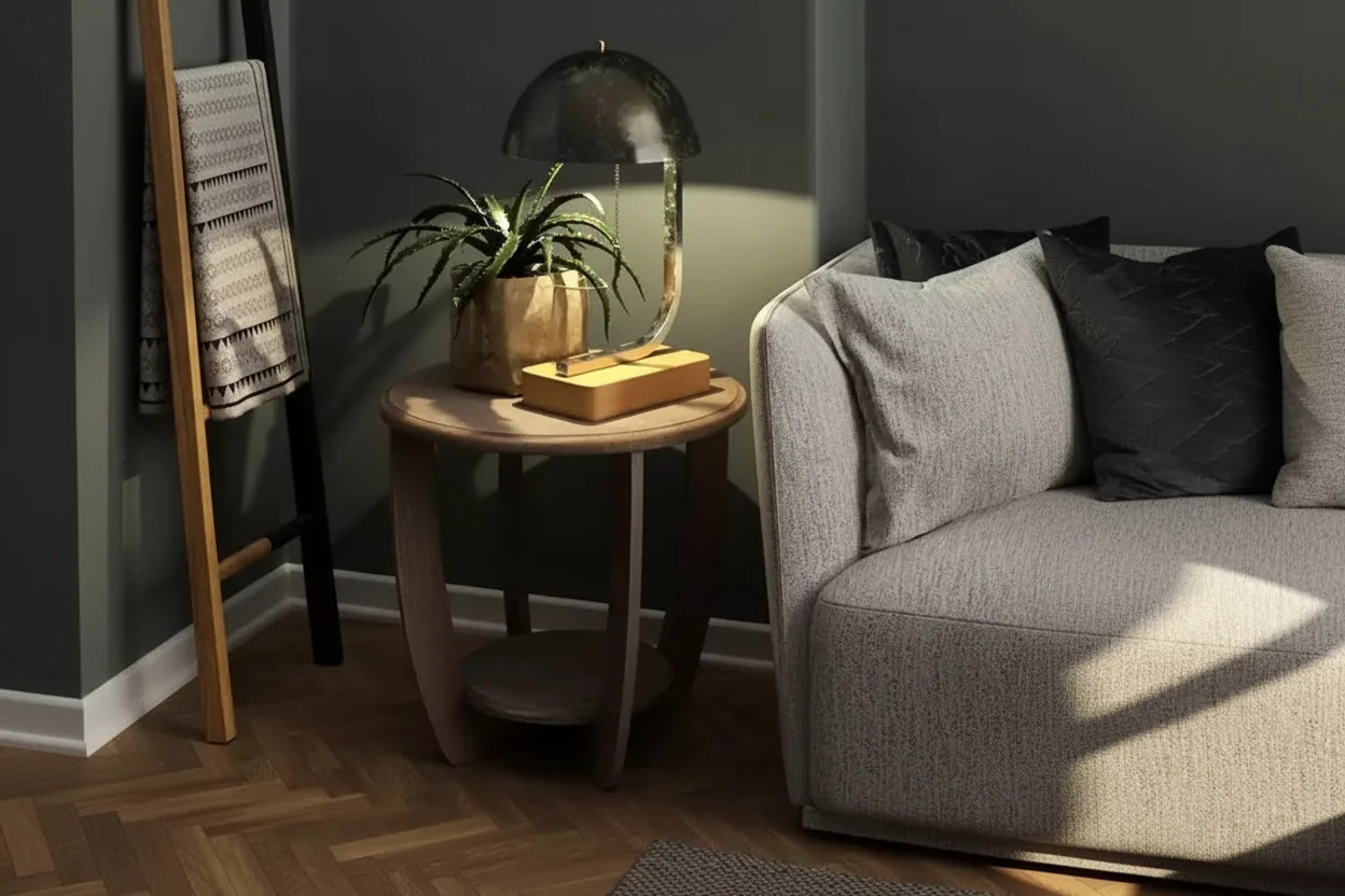 Rustic Farmhouse Round Wooden End Table – Vintage Grey Finish with Storage Shelf