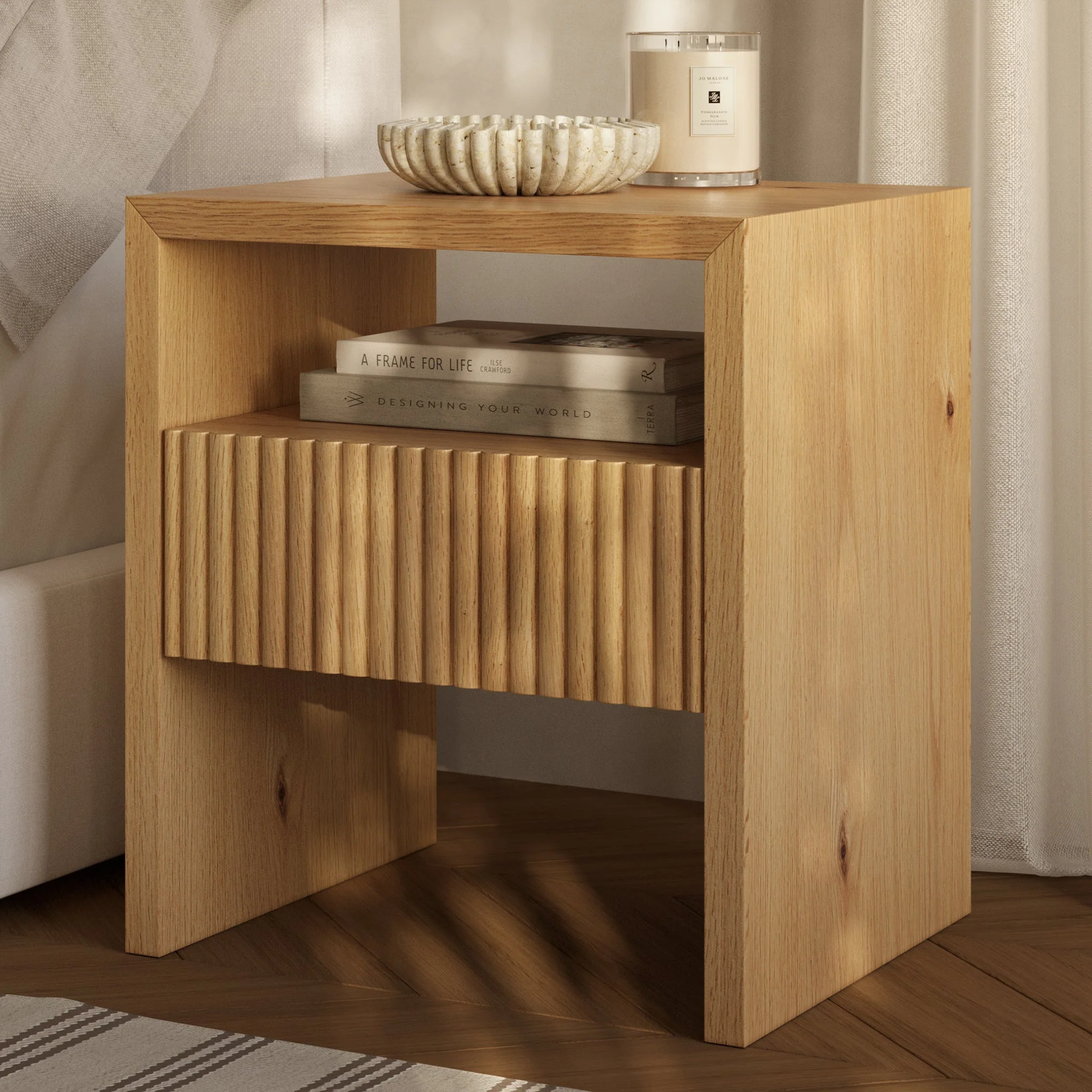 Modern Oak Oak Wood Nightstand with Solid Oak Frame for Bedroom