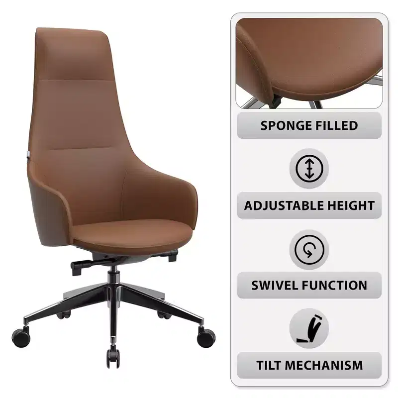 LeisureMod Celeste High-Back Leather Office Chair with Headrest - Modern Iron Frame Swivel & Tilt Executive Desk Chair