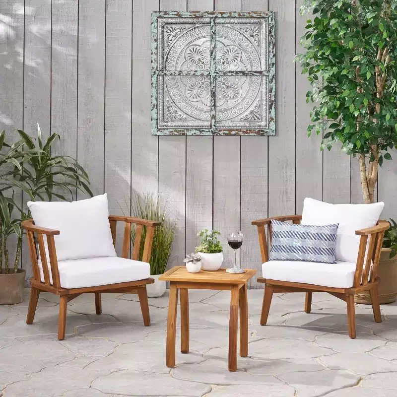 Christopher Knight Home Oleander Outdoor Acacia Wood 3 Piece Club Chair Chat Set with Cushions, Teak and White