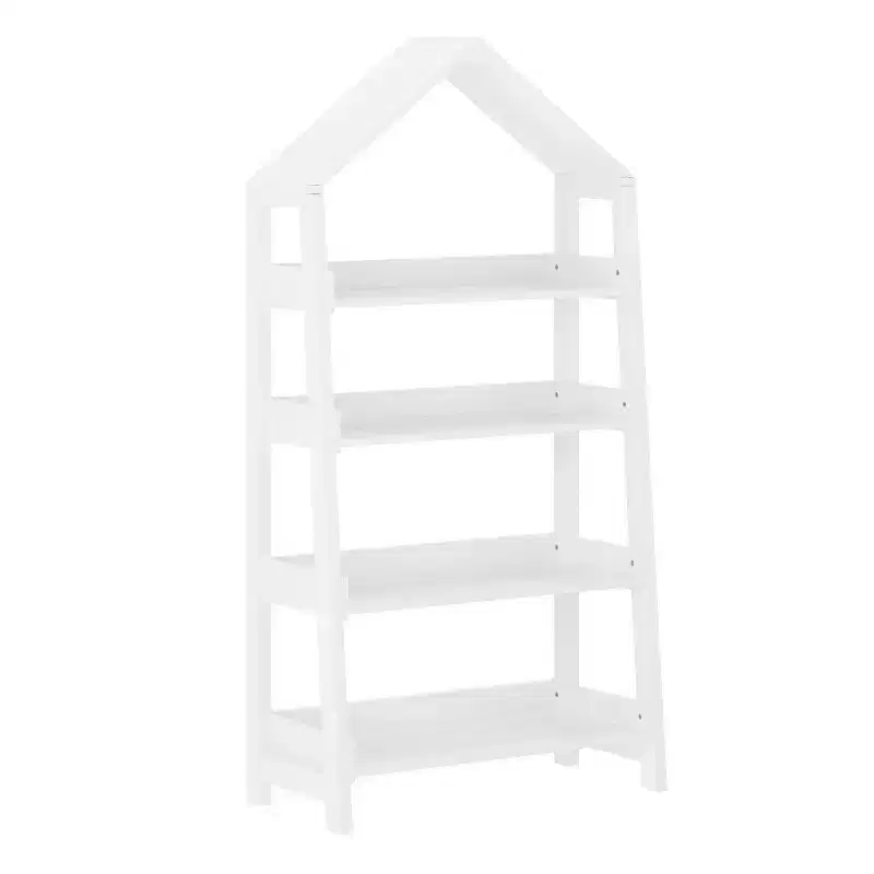 Wood Open Bookshelf with Covered Triangular Top, 4 Shelves and Squared Legs