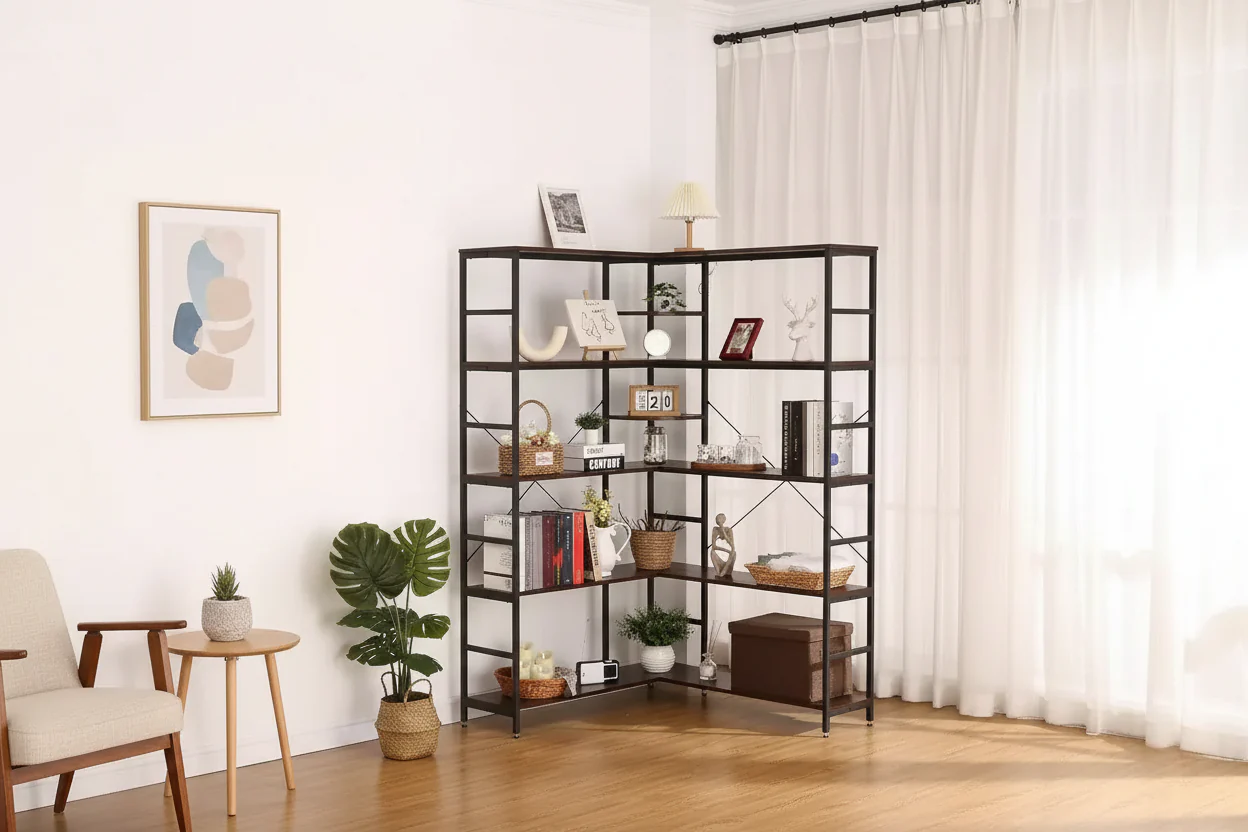 5-Tier L-Shaped Corner Bookcase, Metal Frame with Open Storage & Curved Panels, Vintage Industrial