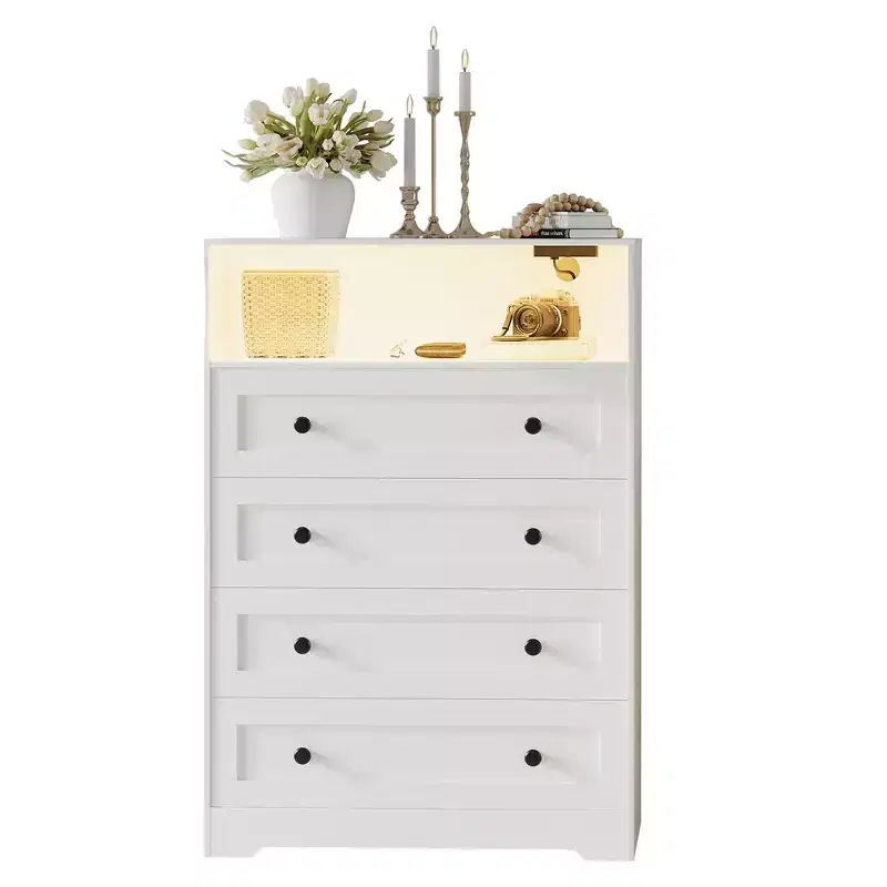 Wood 4-Drawer Dresser with LED Lights & Charging Station
