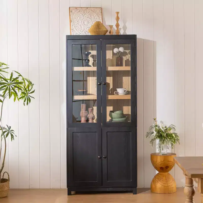 Mid-Century Bookshelf, Thick Shelves Storage Rack with 5 Tiers and 4 Doors, Farmhouse Display Bookcase for Living Room, Office