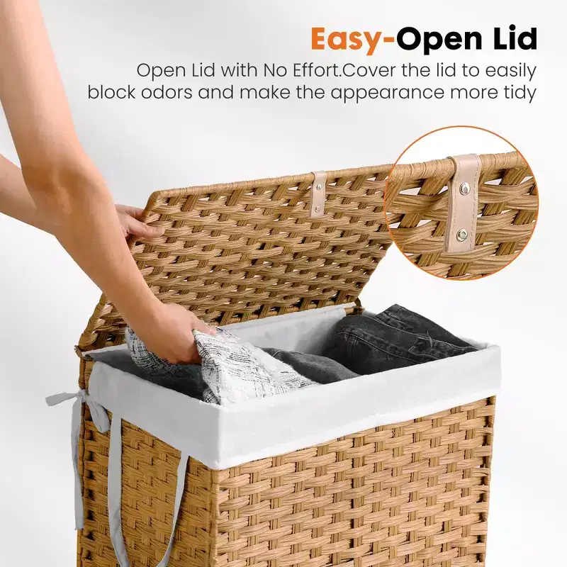 JIONJOY 29 gal. Wicker Hamper w/Lid, Foldable Design, Removable Compartment & Washable Liner