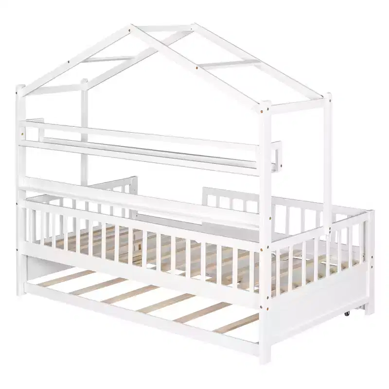 Luxystar Wood House Bed Frame with Trundle and Shelves, White