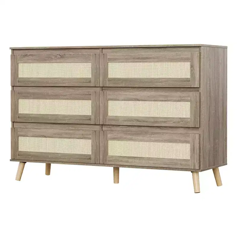 6-Drawer Rattan Dresser with Wide Top - Wooden Chest of Drawers for Bedroom or Closet