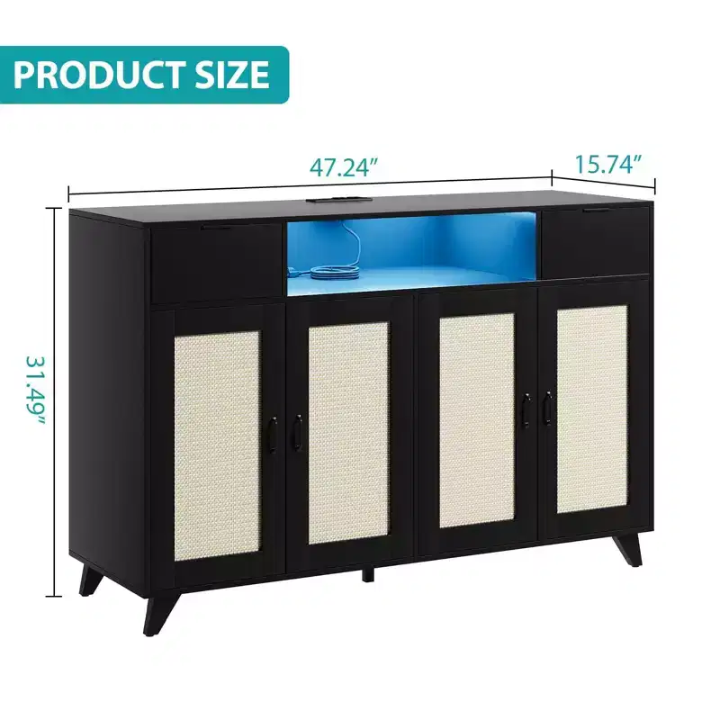 Rattan Cabinet Sideboard Buffet, with 2 Drawers, Power Outlet & LED Lights for Dining Room, Black