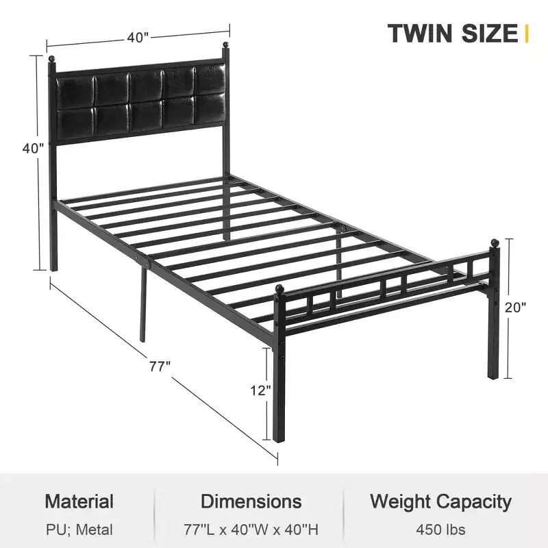 VECELO Twin/Full/Queen Metal Bed Frame Platform Bed with Faux Leather Headboard and 12 Under-Bed Storage, Matte Black
