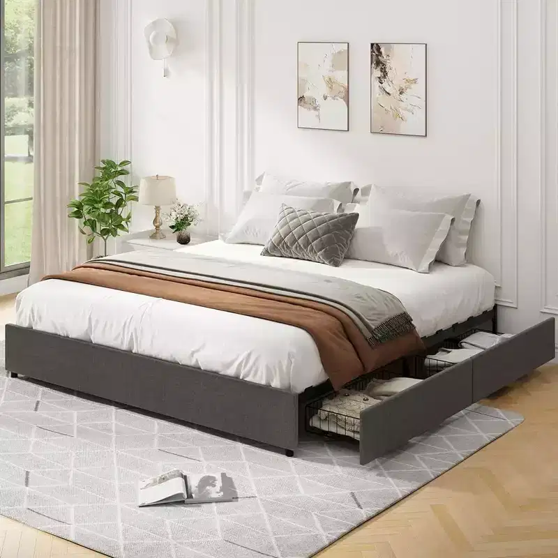 Upholstered Platform Bed Frame with 4 Storage Drawers, Platform Bed Frame with Mattress Foundation Strong Wooden,No Box Spring Needed