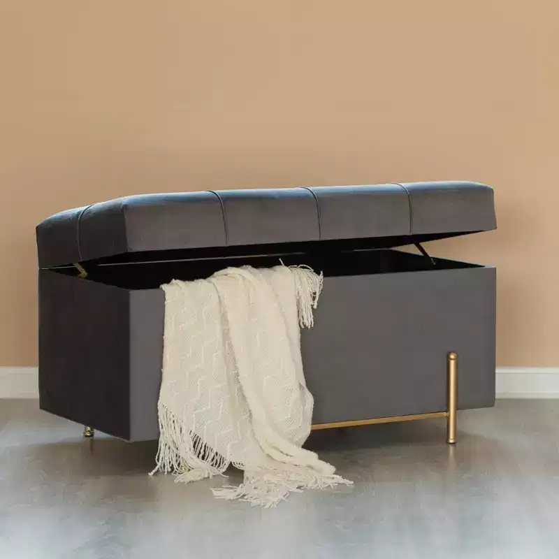 Large Rectangle Velvet Storage Ottoman with Golden Legs | Sitting Bench for Living Room Home Decor with Cylindrical Golden Support