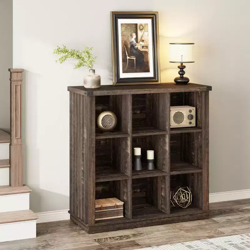 GustoWave 9 Cube Storage Organizer Bookshelf, 37.4 Inch Wood Storage Bookcase for Entryway, Long Low Bookshelves for Living Room