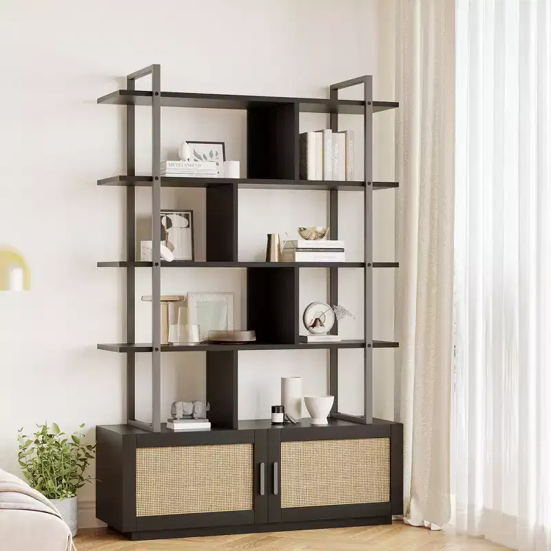 5 Tier Bookshelf with Storage Cabinet, 71 In Rattan Book Shelf with Open Display Shelves, Metal Frame Bookcase for Living Room Bedroom