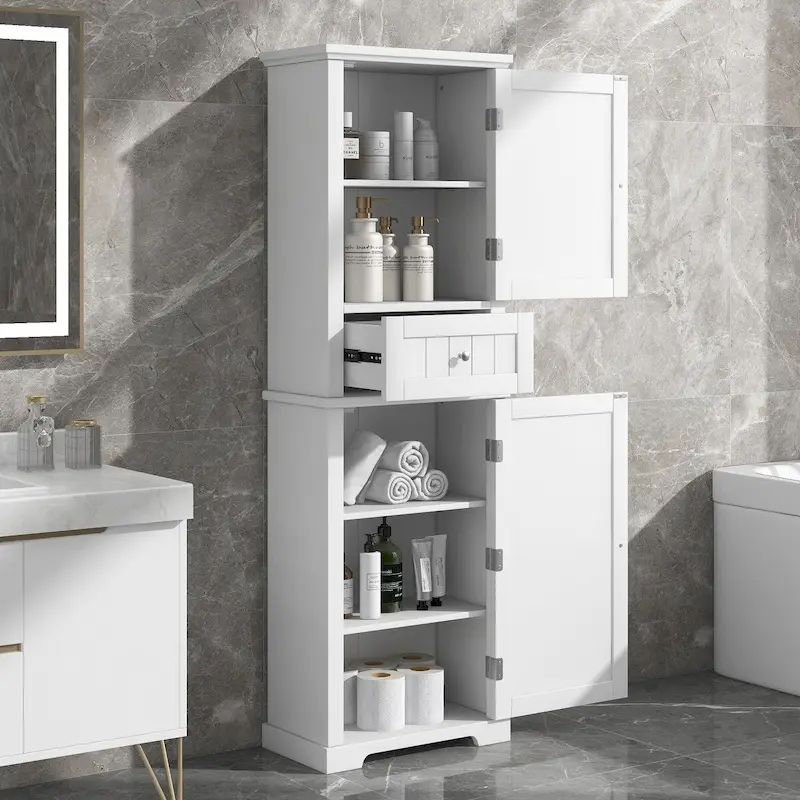 Freestanding Storage Cabinet with Drawer and Adjustable Shelf