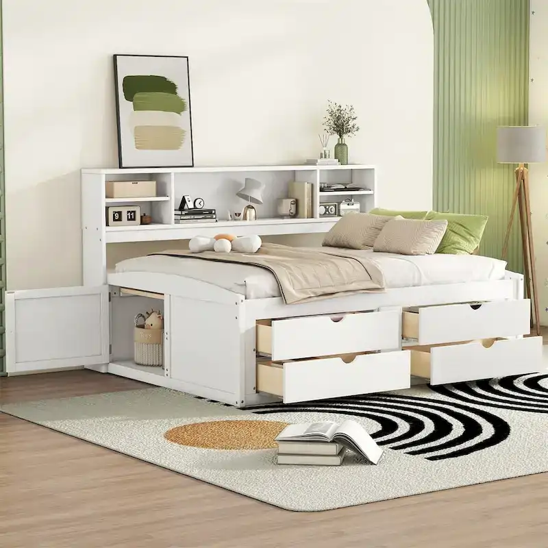 Merax Full Size Wood Daybed with Cabinets, Shelves and 4 Drawers