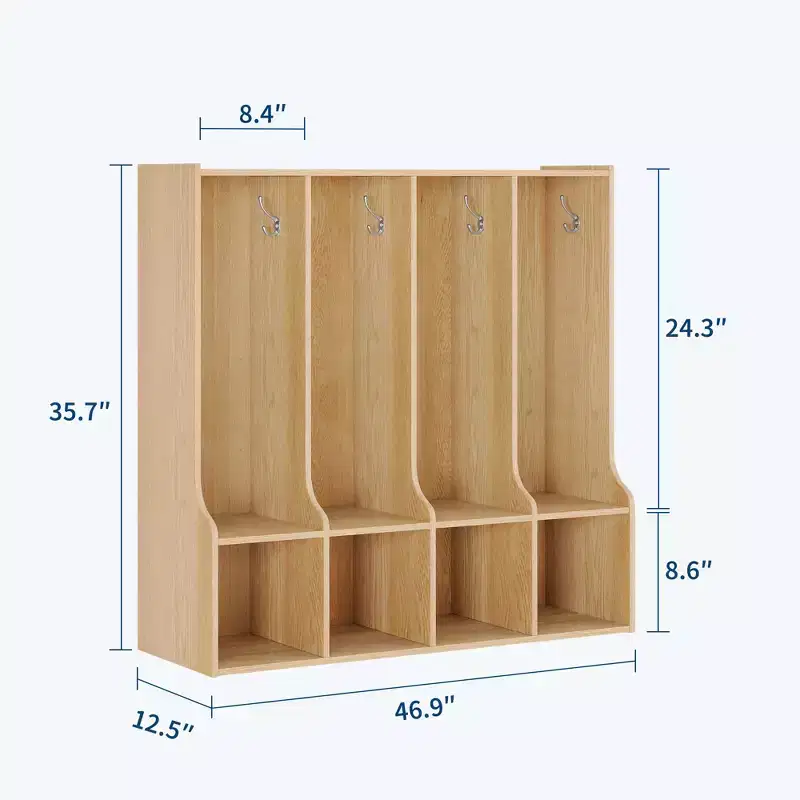 Kids Cubby Coat Organizer with 4 Sections and 8 Hooks, White Entryway Storage Locker with Cubbies for Classroom, Nursery, Playroom