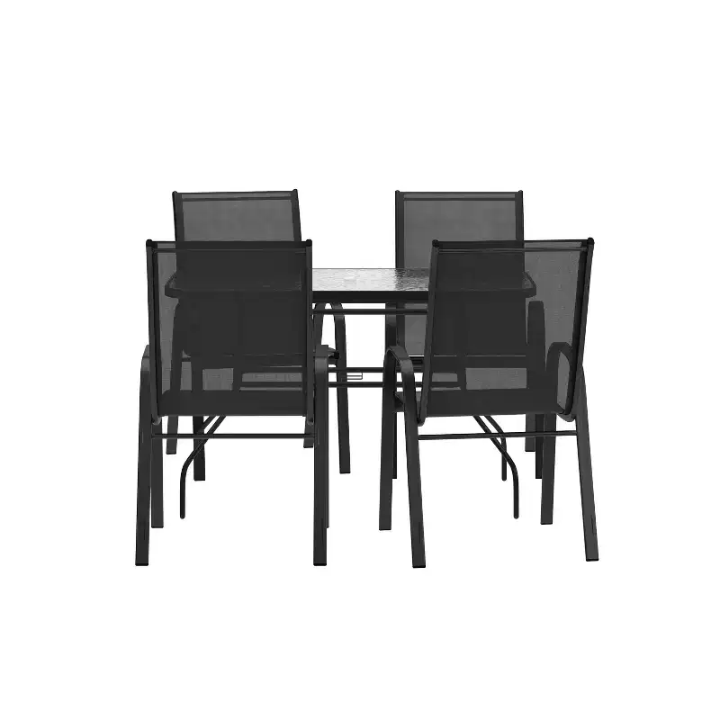 Emma and Oliver 5 Piece Outdoor Dining Set with Tempered Glass Top Patio Table and 4 Flex Comfort Textilene Stacking Chairs