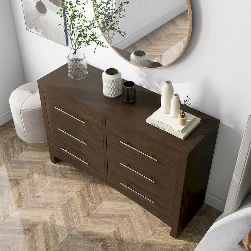 56-Inch Wide 6-Drawer Double Dresser | Traditional Walnut Finish | Bedroom Storage