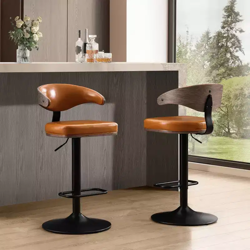 Art Leon Bentwood and Faux Leather Swivel Barstool with Adjustable Height