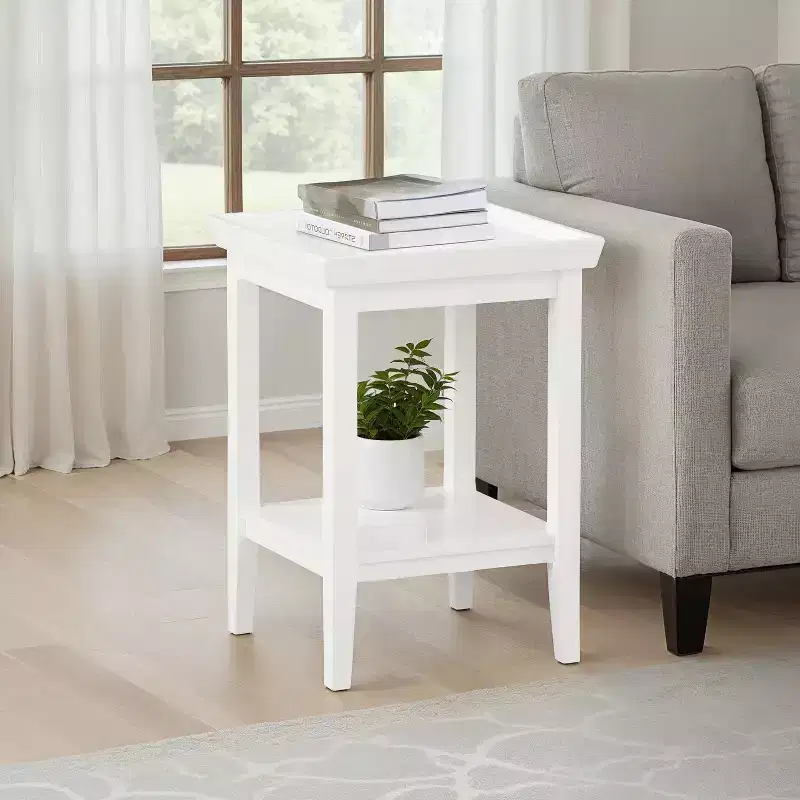 HomeStock Belmont End Table with Raised Edge Tray Top and Lower Shelf, Rubberwood Accent Table for Storage, Display and Organization