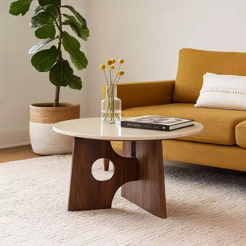Royal Hampton Coffee Table, 27 Natural Round Marble Tabletop, Mango Wood Sculptural Base