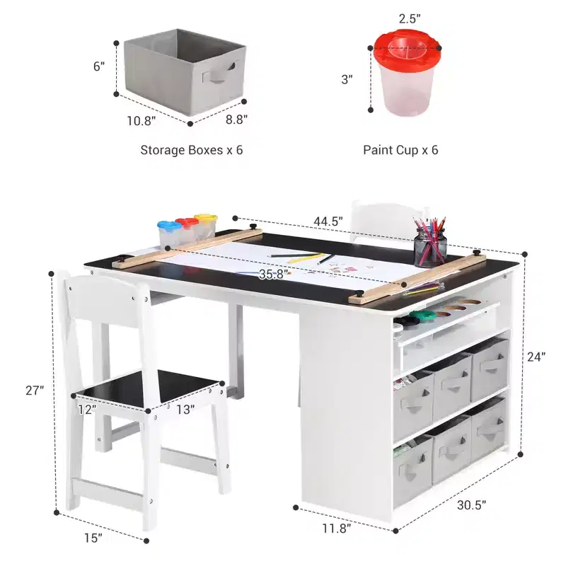 CuisinSmart Kids' Art Table and Stool Set, Toddler Craft and Play Wood Activity Table With Storage Bins, Drawing Desk, Crafts for Children Woode