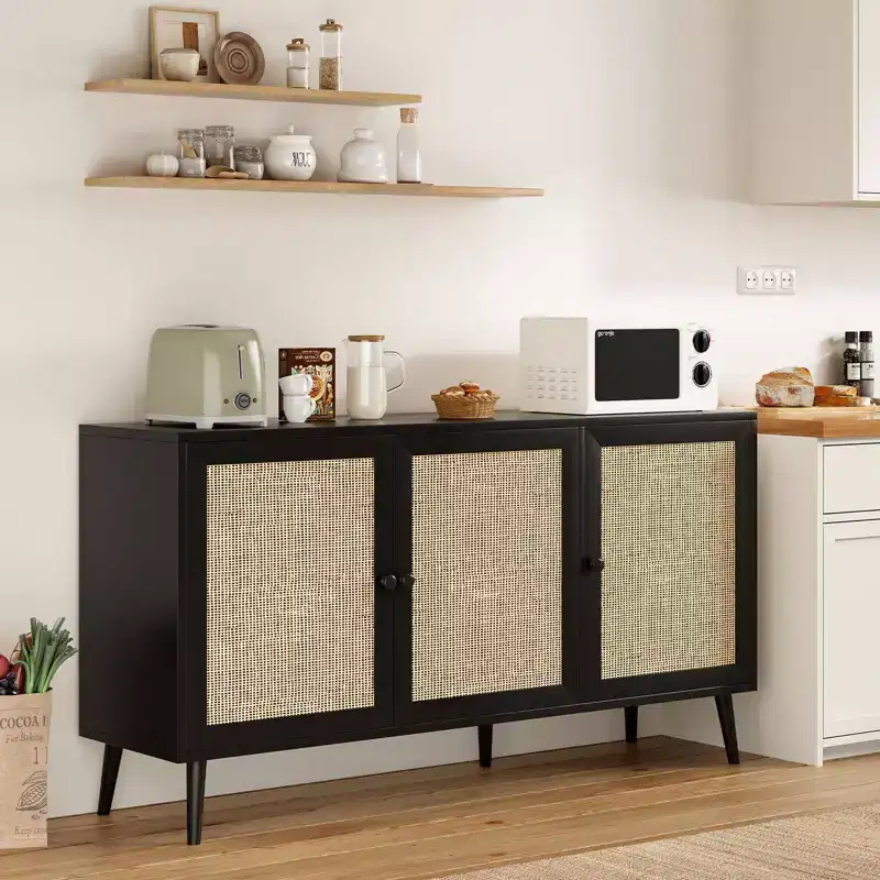 Okak Sideboard Cabinet, Buffet Cabinet with 3 Rattan Decorated Doors, Storage Cabinet for Living Room, Dining Room, Kitchen