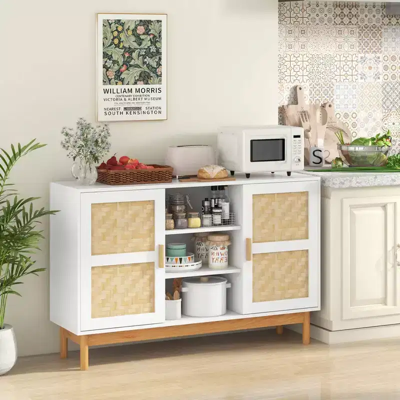 Costway 48 Sideboard Buffet Cabinet with 2 Bamboo Woven Doors 3 Open Shelves for Kitchen White