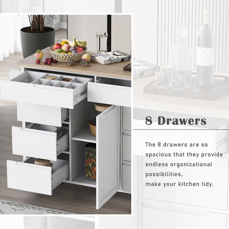 8 Drawer Rubber Wood Kitchen Island