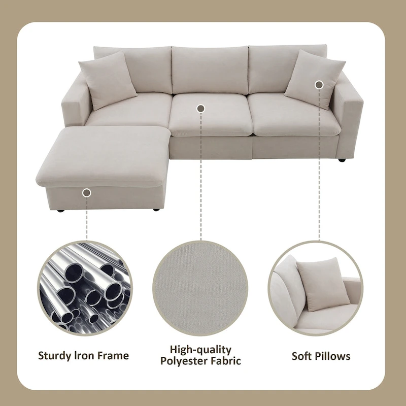Modern 4-Seat L-Shaped Sectional Sofa, with 2 Free pillows, Convertible Ottoman