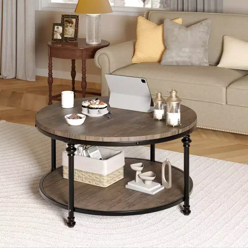 Coffee Table. Round Wood Vintage Retro. Table in 2 Levels. End Table. Side Table with 4 Column Legs for Living Room. Living Room. Office