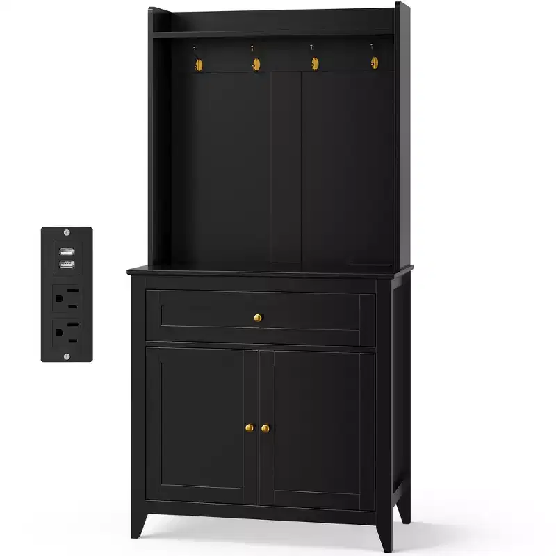 63 Kitchen Pantry Cabinet with Charging Station, Coffee Bar Station with 1 Large Drawer, Adjustable Shelves and 4 Hooks