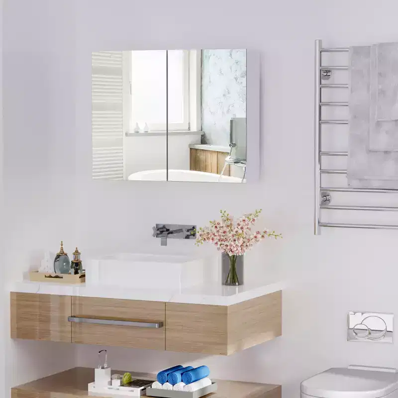 Double Door Wall Mounted Bathroom Mirror, 31.5 x 23.5 Medicine Cabinet with Modern Design, Large Storage, & Quiet Hinges