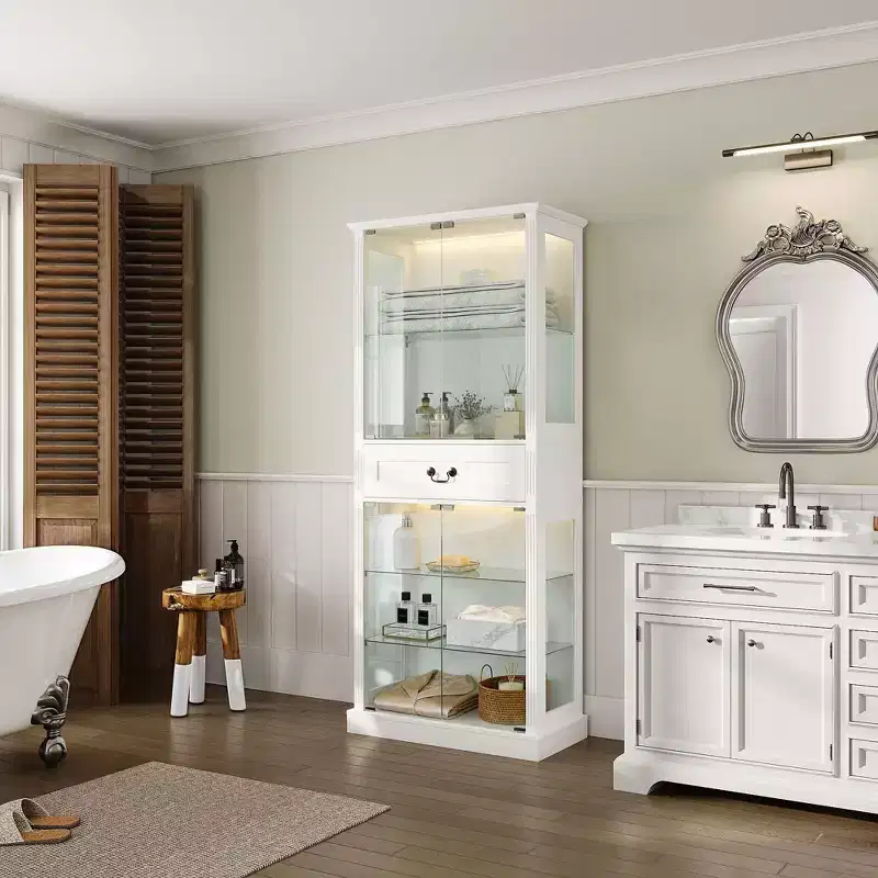 Famapy Freestanding Tall Bathroom Cabinet with 7-Color LED+Tempered Glass Shelves+Doors + Drawer Waterproof Bathroom Storage Tower