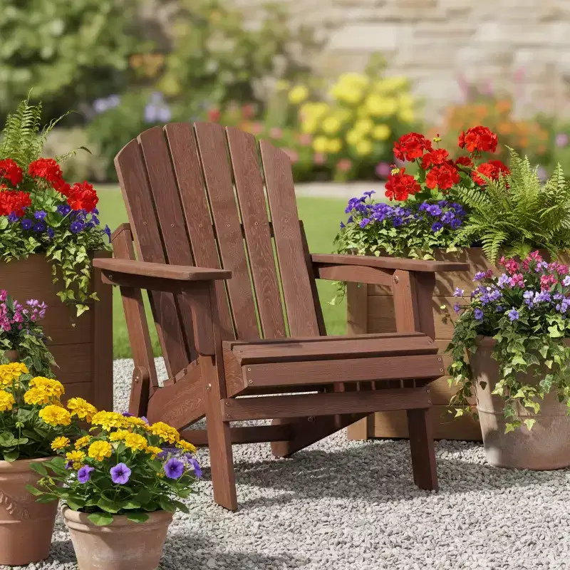 Outdoor Wooden Folding Adirondack Chair with BackRest&SeatBoard, Wood Patio Chair