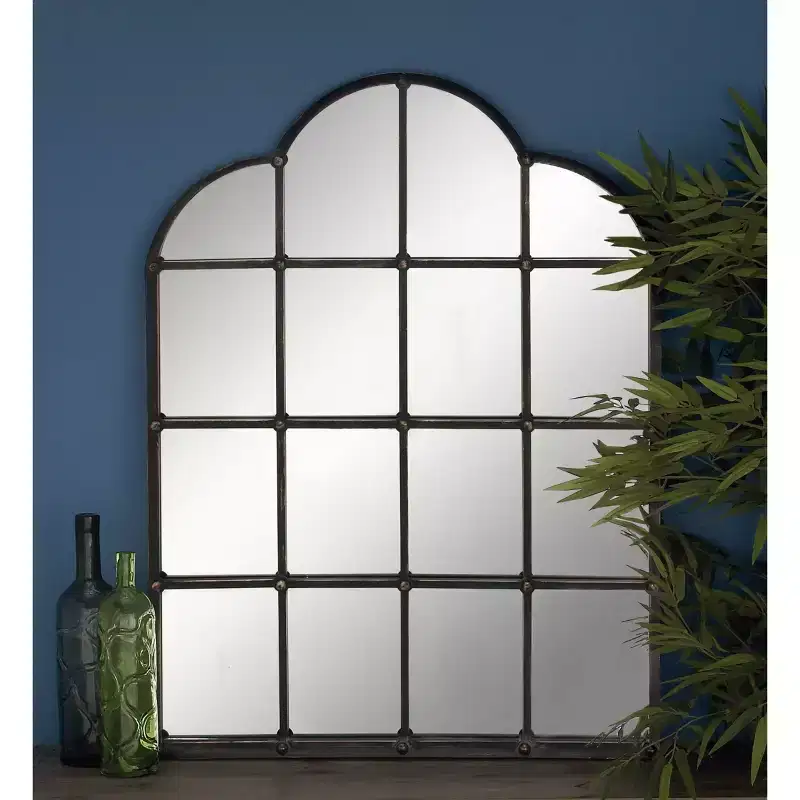 Metal Window Pane Inspired Wall Mirror with Arched Tops and Studs Black - Olivia & May