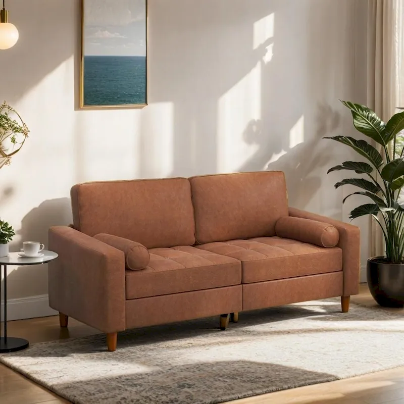 Mid-Century Faux Leather Sofa with Tapered Wood Legs and Bolster Pillows – Brown / Blue, 2-Person / 3-Person Use