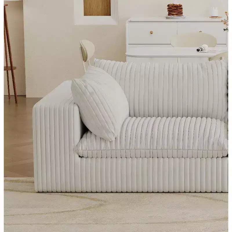 MAYEERTY 118.2 Cloud Sofa White Corduroy Deep Seat Double-Layer Removable Cushion No Assembly Multi-Rooms