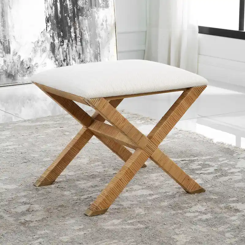 Upholstered Rattan X Shaped Base Small Bench - 19 - White and Brown