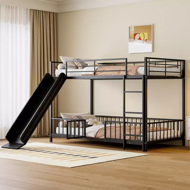 Whisen Stylish Design Metal Bunk Bed with Slide and Guardrails
