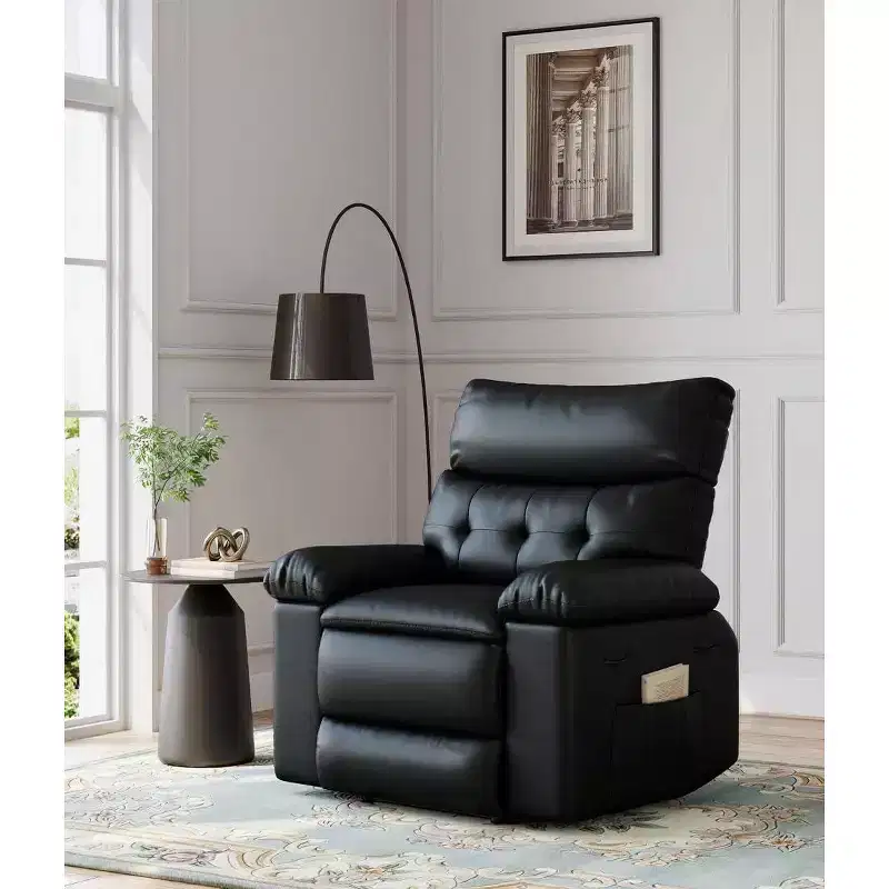 Oversized Manual Recliner Chair, Large PU Leather Lazy Chair for Adults with 1.5X Sponge Filling, Heat & Massage Functions - Black