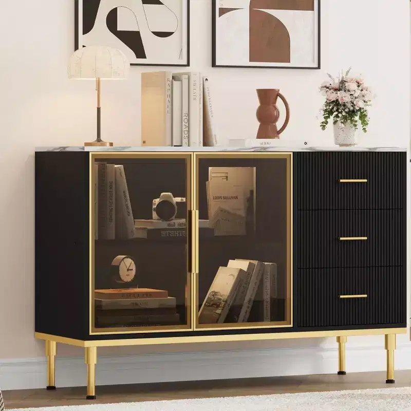 Sideboard Buffet Cabinet with LED Light, Kitchen Storage with 3 Fluted Drawers & Glass Doors, Accent Cabinet Cupboard Buffet Table with Storage