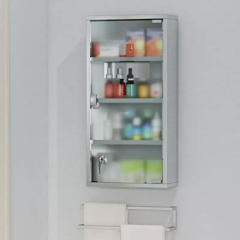 12 x 24 Medicine Cabinet with Lock, Storage Shelves, Locking Medical Cabinet for Safety, First Aid Bathroom Wall Cabinet, Silver