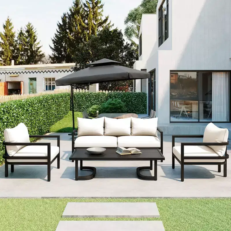 Whisen Patio Sofa Set with Coffee Table, Easy Clean, Quick Assembly & Rust-Resistant Steel - Beige