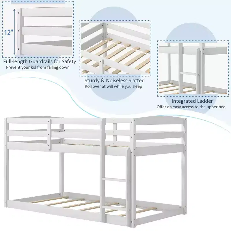 Costway Twin over Twin Low Bunk Bed with Guardrails Integrated Ladder Kids Wooden Grey/White/Beige/Pink