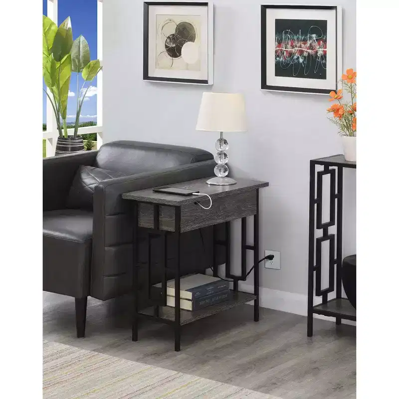 Town Square Flip Top End Table with Charging Station Weathered Gray/Black - Breighton Home: USB Ports, Cable Management, Bottom Shelf