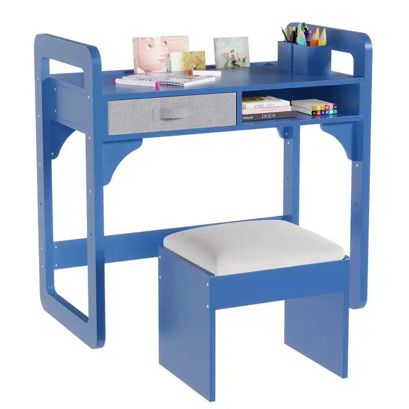 Acekool Kids Desk and Chair Set, Adjustable Study Table with Storage & Book Display, for Boys & Girls, White/Pink/Blue